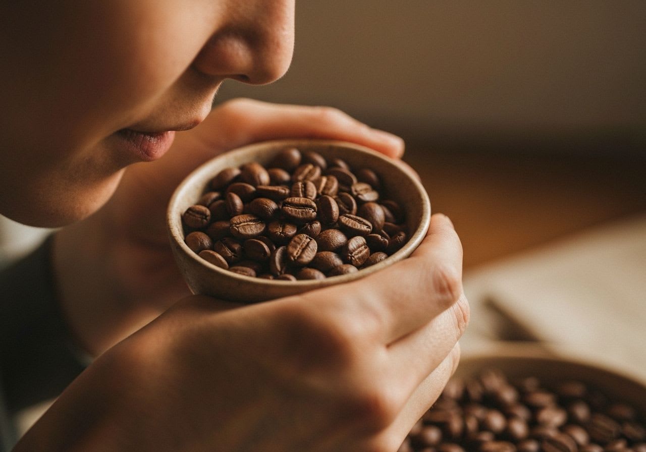 Hände halten eine Schale frisch gerösteter Single-Origin-Kaffeebohnen, während eine Person achtsam den Duft genießt, Teil des bewussten Kaffeerituals.