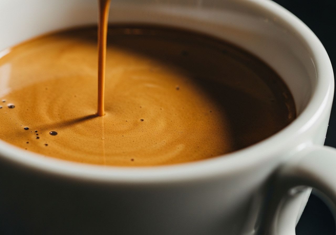 Nahaufnahme eines perfekt extrahierten Espressos mit dichter, goldbrauner Crema, der in eine Keramiktasse fließt, als Moment aktiver Meditation.