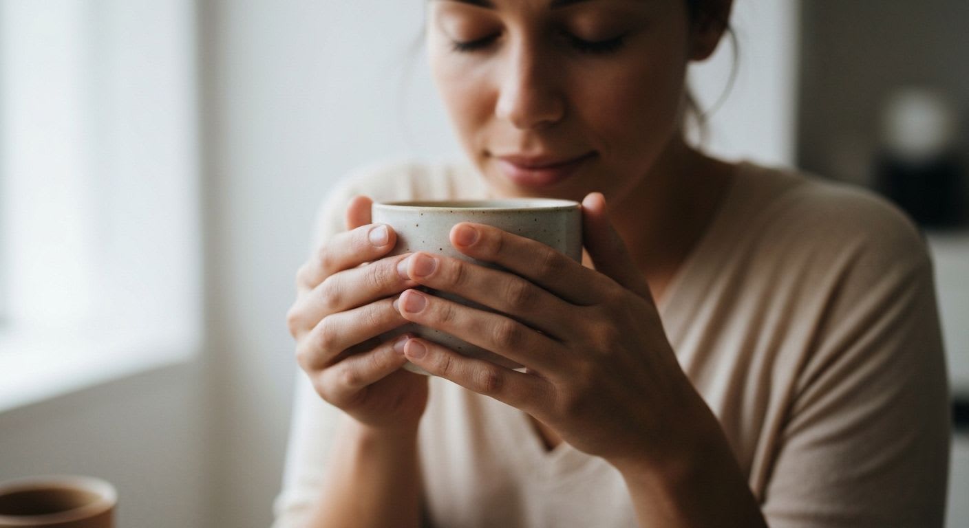 Eine Person hält achtsam eine dampfende Kaffeetasse, die Augen geschlossen, in ruhiger Umgebung, für einen Moment der Achtsamkeit und des Genusses.