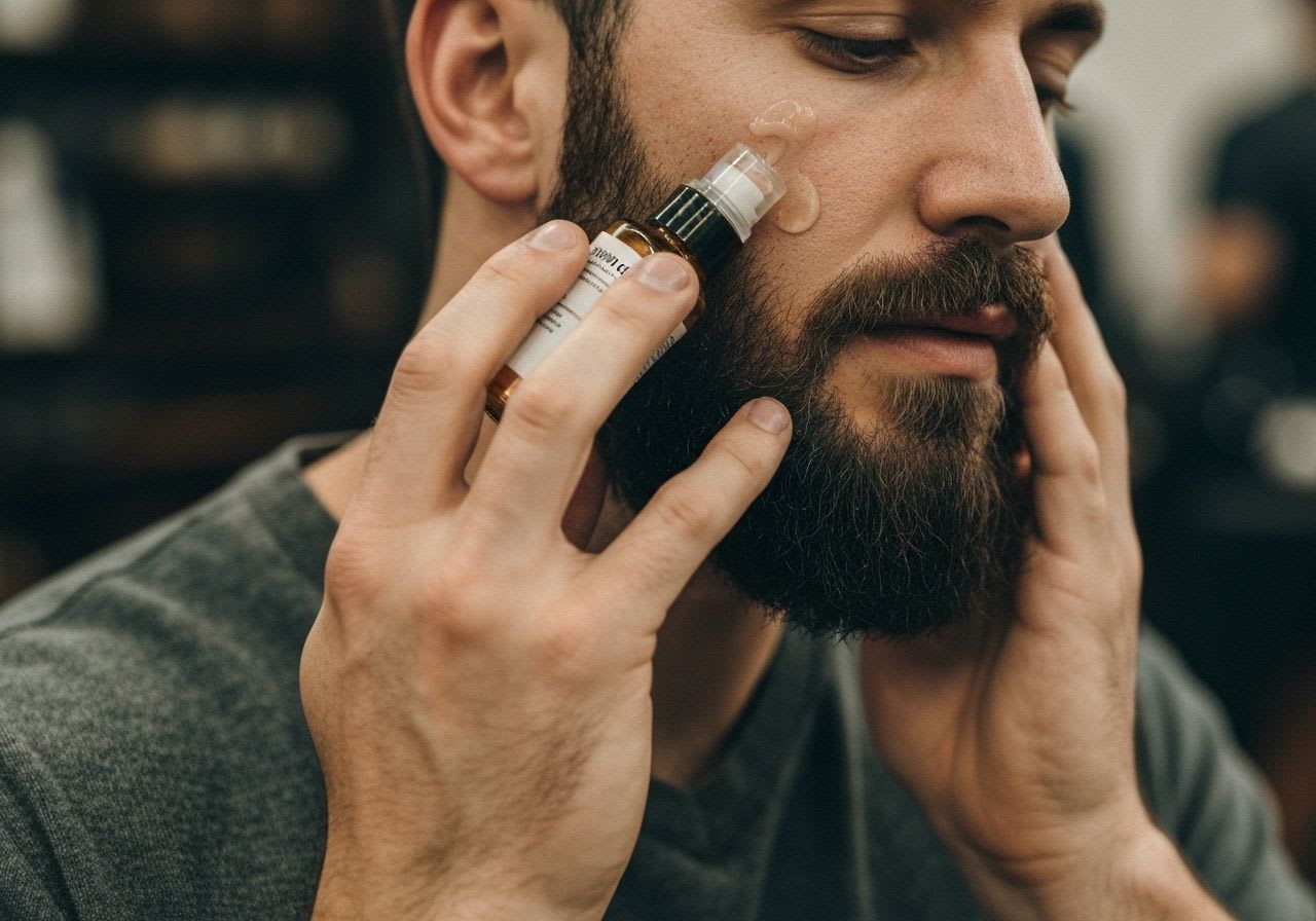 Nahaufnahme eines Mannes, der 2-in-1 Bart- und Gesichtsöl aufträgt, ein effektiver Grooming-Hack für Männer zur Hautpflege und Bartpflege.