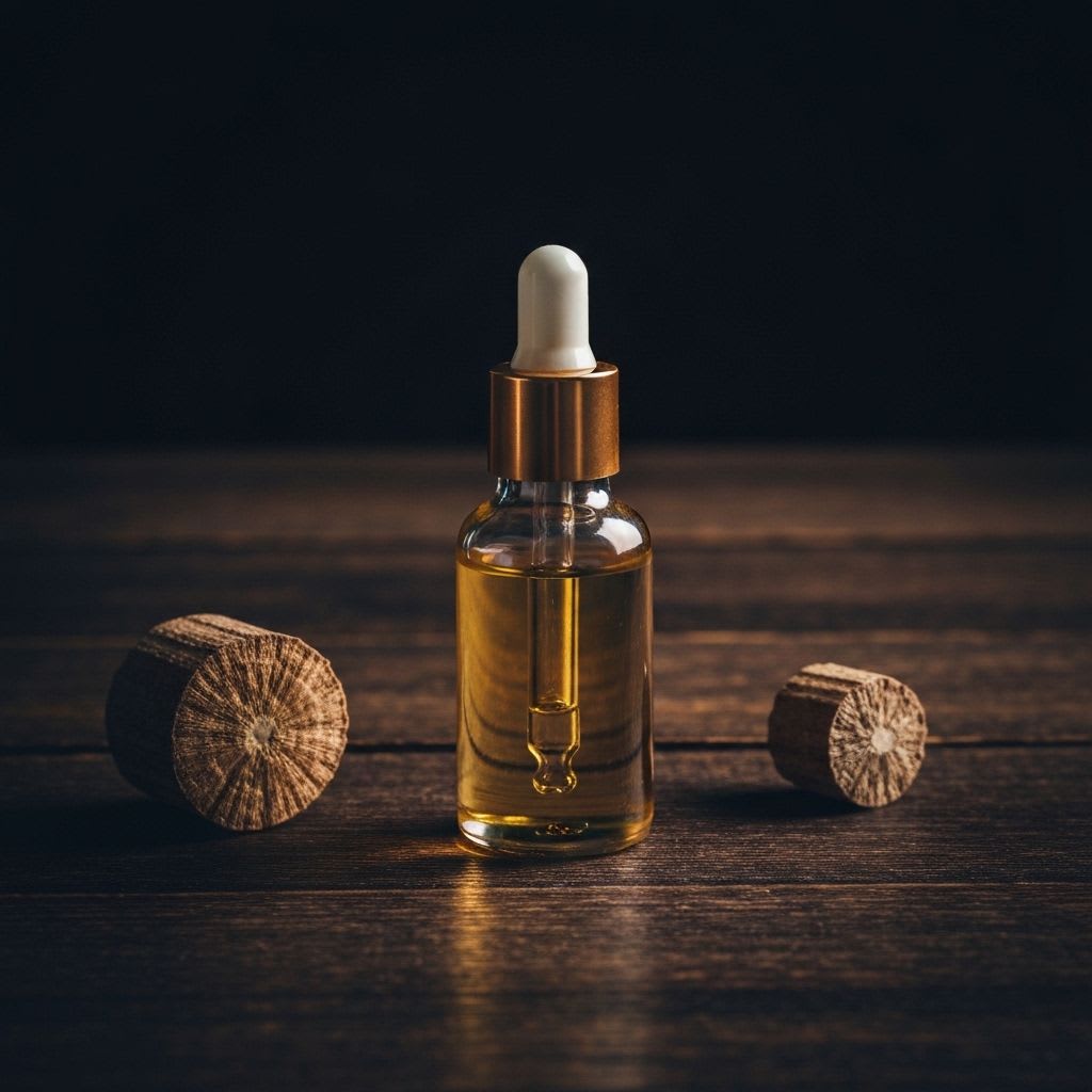 Amberfarbene Glasflasche Jojobaöl, ein vielseitiger Grooming-Hack für Männer zur Hautpflege und Bartpflege, auf dunklem Holz.