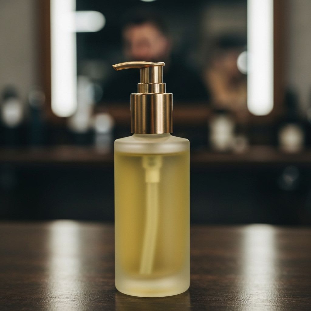 Flasche Mandelöl, ein sanfter Grooming-Hack für Männer, ideal für die Hautpflege und das Styling empfindlicher Gesichtshaut und Bärte.