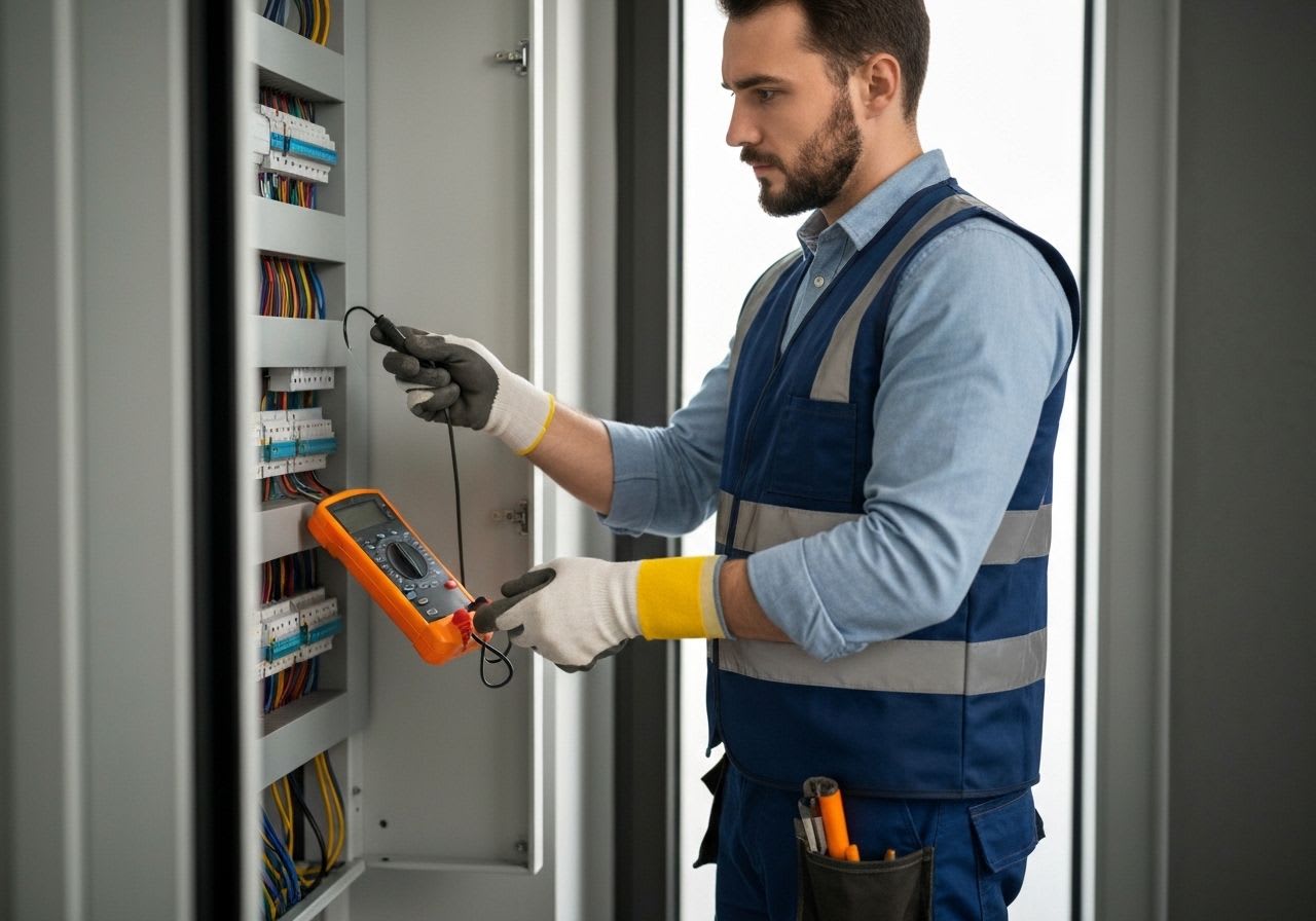 Elektriker misst die Spannung an einem Sicherungskasten, um Probleme mit zu hoher Netzspannung zu diagnostizieren.