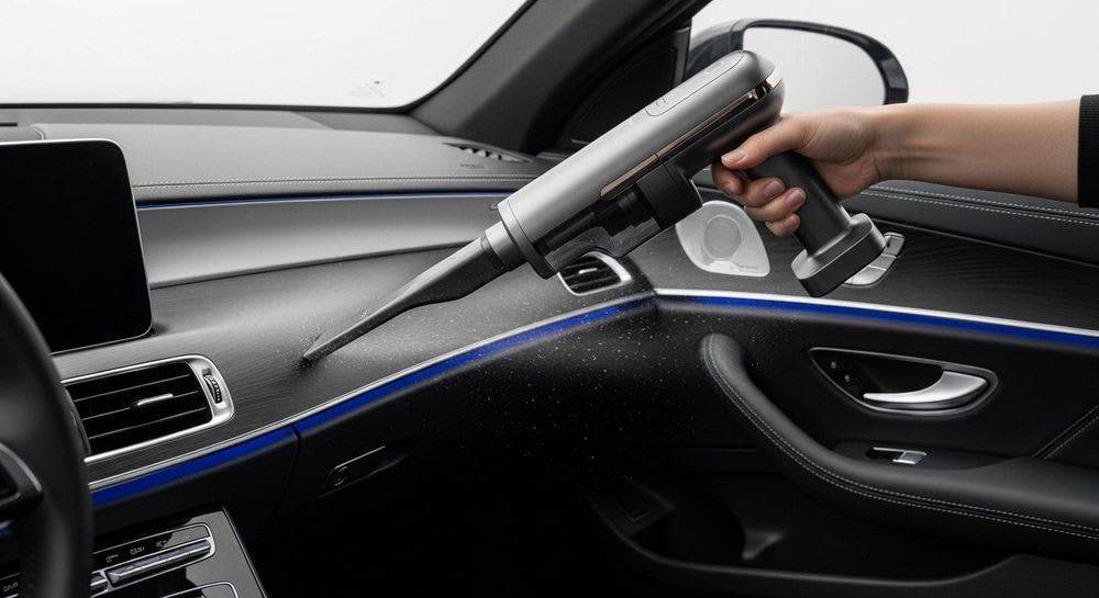 Ein Akku-Handstaubsauger reinigt dynamisch einen Autoinnenraum. Wichtige Kaufberatung für die beste Wahl.