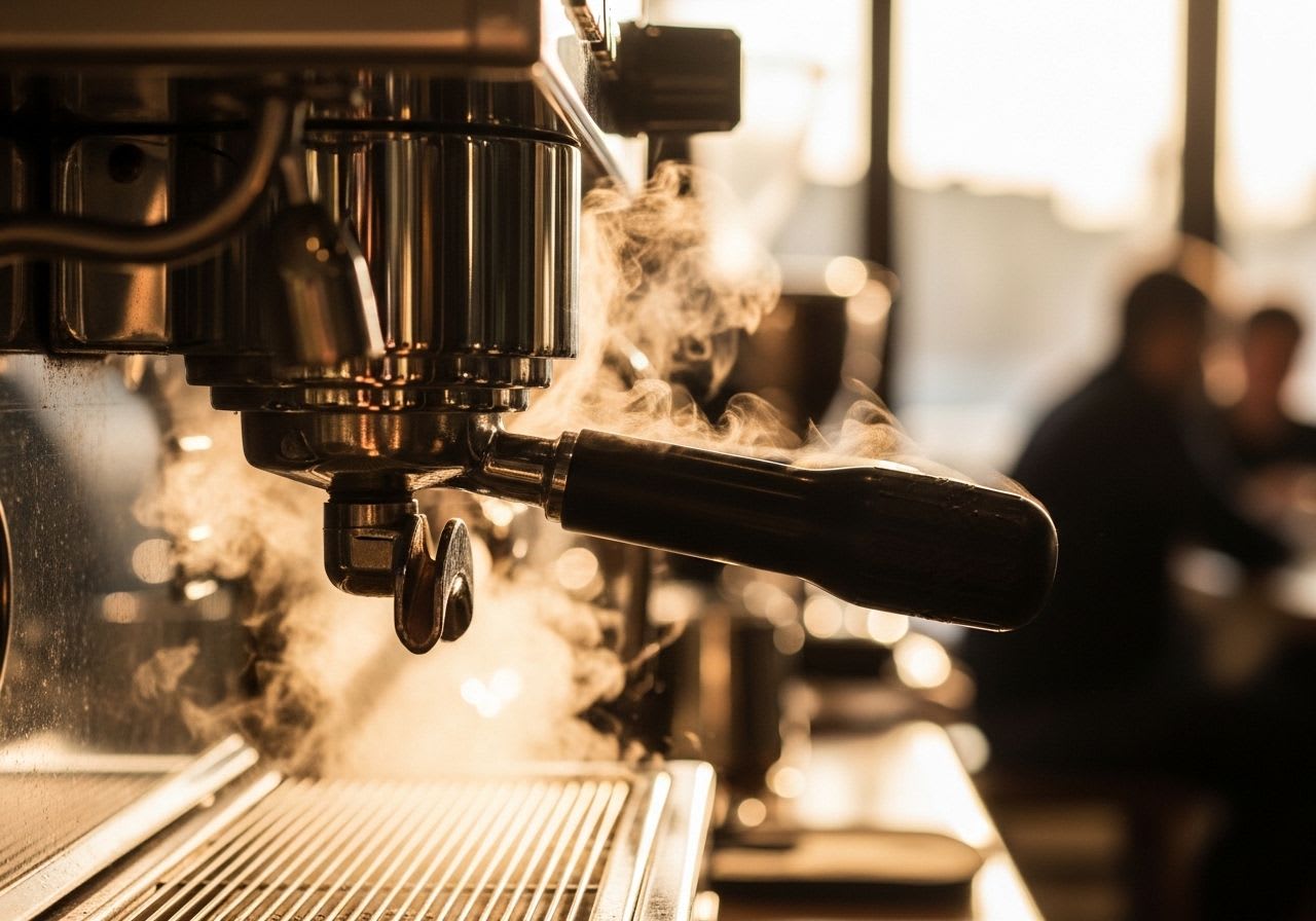 Detailansicht einer Espressomaschine mit eingespanntem Siebträger, bereit zum Aufheizen und Flush, in warmer Kaffeehaus-Atmosphäre.