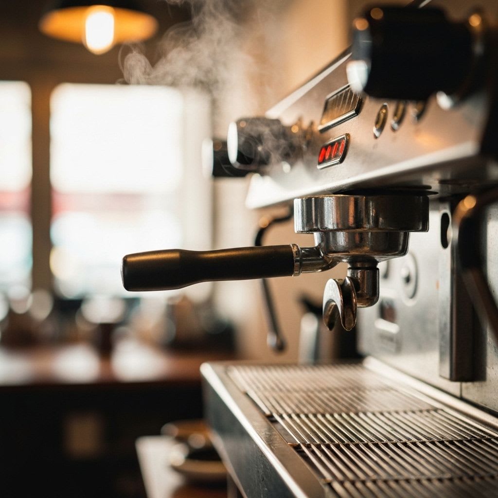 Die Espressomaschine heizt auf: Der Siebträger ist eingespannt, leichter Dampf steigt von der Brühgruppe auf.