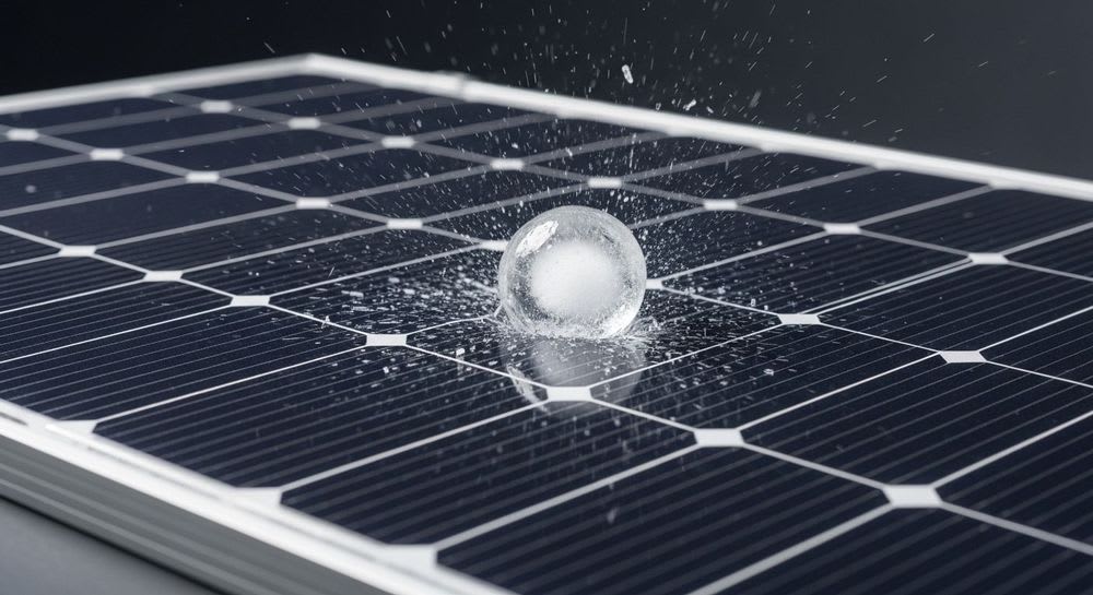 Dynamische Aufnahme eines modernen Solarmoduls während eines kontrollierten Hageltests, der dessen Robustheit und Widerstandsfähigkeit beweist.