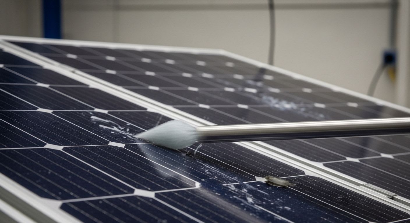 Großaufnahme eines Solarmoduls im Labor während eines standardisierten Hageltests nach IEC 61215, der die extreme Widerstandsfähigkeit prüft.