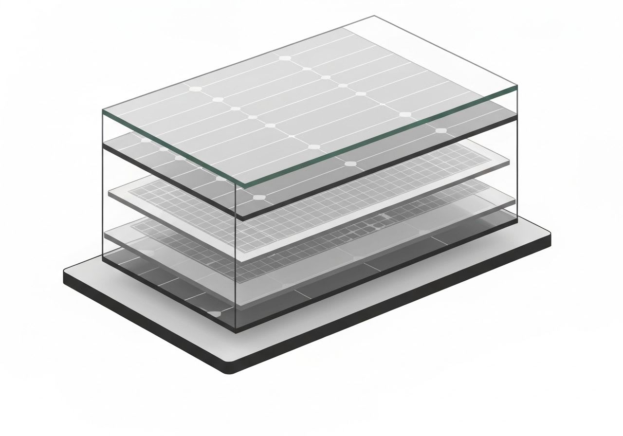 Detaillierter Querschnitt eines Glas-Glas-Solarmoduls, der die zwei schützenden Glasschichten zeigt und die hohe Hagelresistenz verdeutlicht.