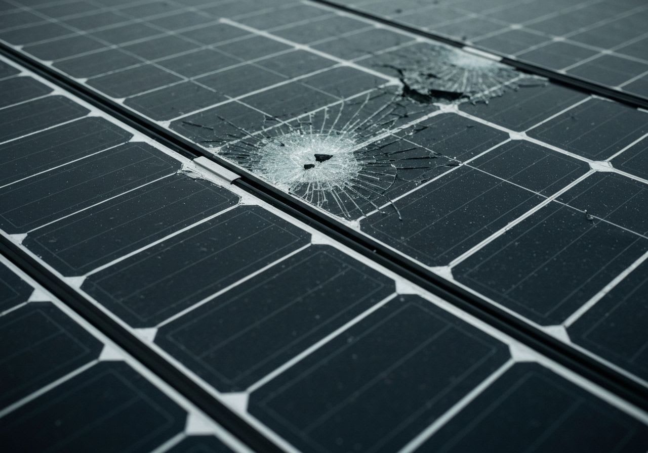 Nahaufnahme eines Solarmoduls mit deutlichen Hagelschäden und Rissen im Glas, die die möglichen Auswirkungen eines starken Hagelsturms zeigen.