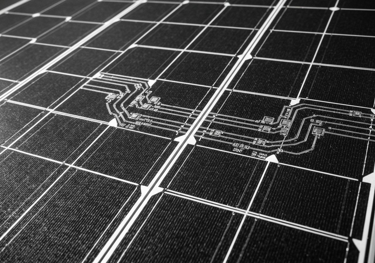 Detailansicht eines Solarmoduls mit komplexen Bruchstellen im Glas nach massivem Hagel, veranschaulicht extreme Hagelschäden an Solarmodulen.