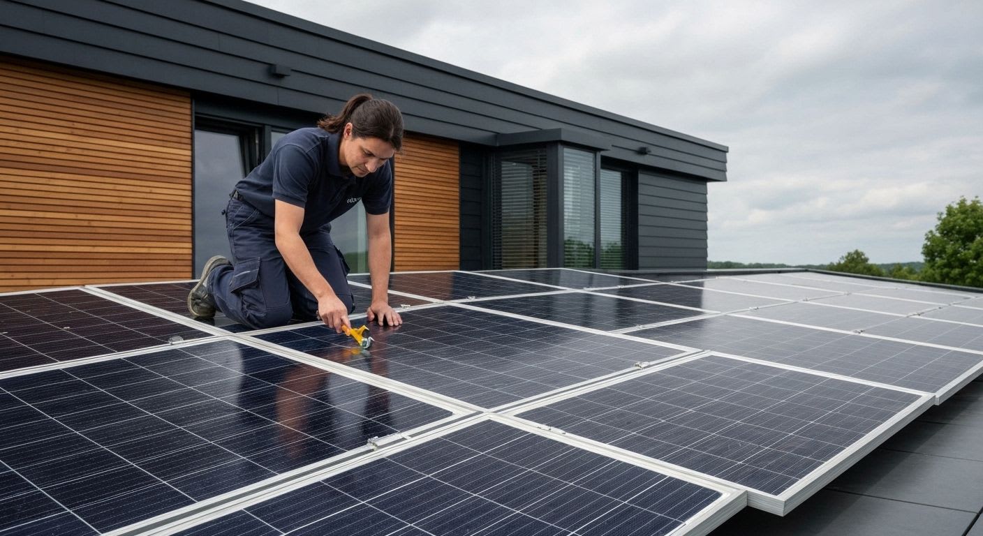 Ein Solartechniker inspiziert installierte Solarmodule auf einem Dach nach einem Hagelsturm, prüft die Anlage auf Schäden und korrekte Funktion.