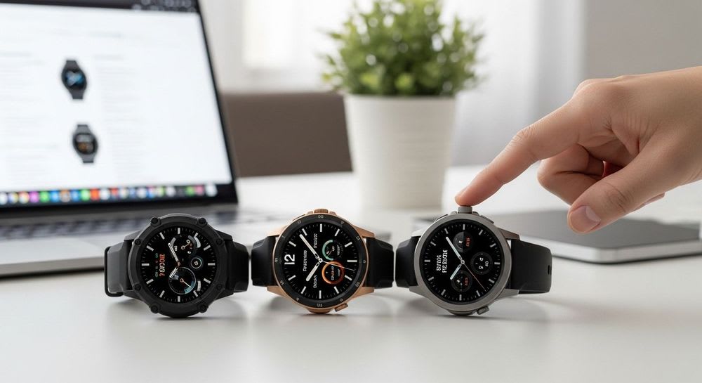 Hand wählt aus verschiedenen Smartwatches, die die perfekte Uhr für individuelle Bedürfnisse in dieser Smartwatch Kaufberatung symbolisieren.