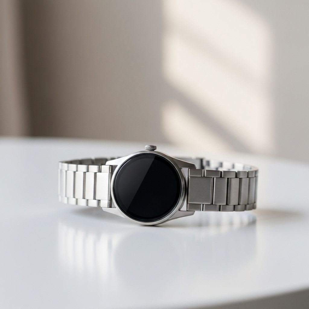 Elegante Smartwatch mit Metallarmband und klassischem Zifferblatt, passend zur Smartwatch Kaufberatung für Business und Alltag.