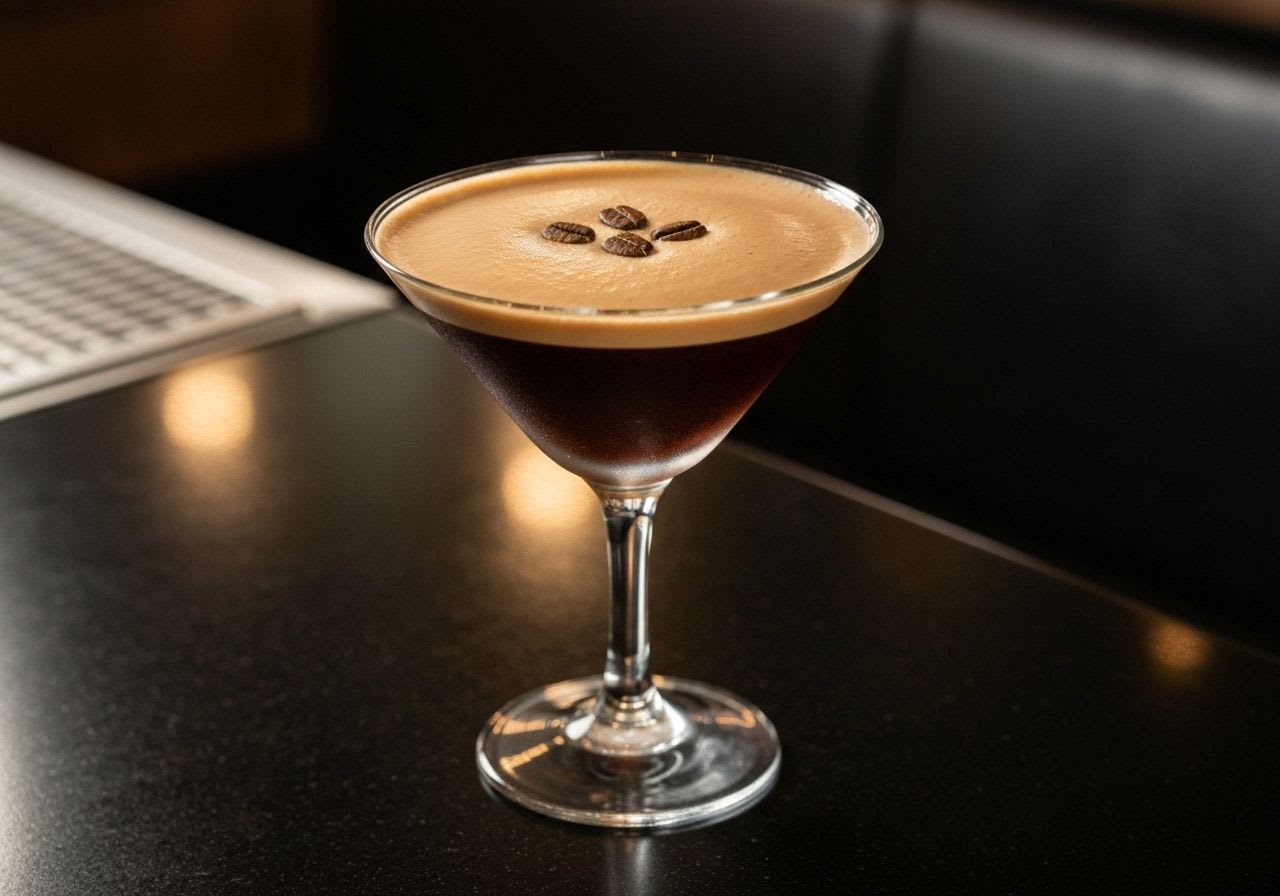 Ein perfekt zubereiteter Espresso Martini mit cremiger Schaumkrone und Kaffeebohnen, serviert in einem eleganten Martini-Glas.