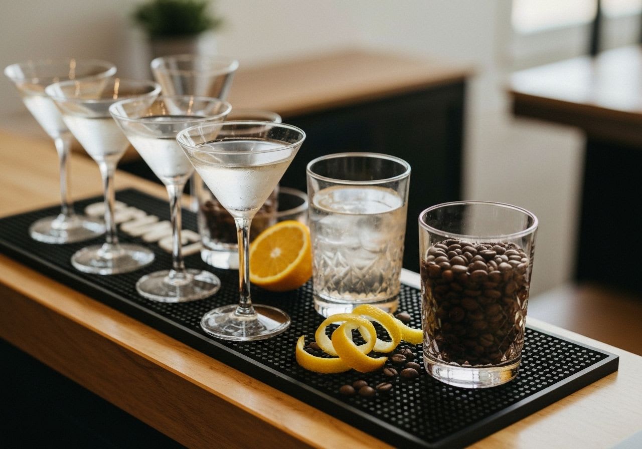 Eine Auswahl eleganter Cocktailgläser und frischer Garnituren wie Orangenscheiben und Kaffeebohnen für Kaffee-Cocktails.
