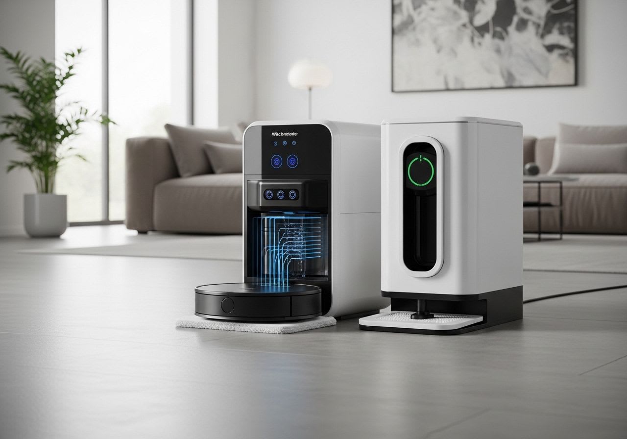 Ein innovativer Wischroboter 2026 mit KI-Navigation und Heißwasser-Wischtechnik, neben seiner vollautonomen Station im modernen Wohnzimmer.