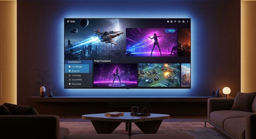 Großer, ultra-dünner Smart TV mit lebendigem Display in einem modernen Wohnzimmer, exemplarisch für die Smart TV Trends 2026 und zukünftige Unterhaltung.