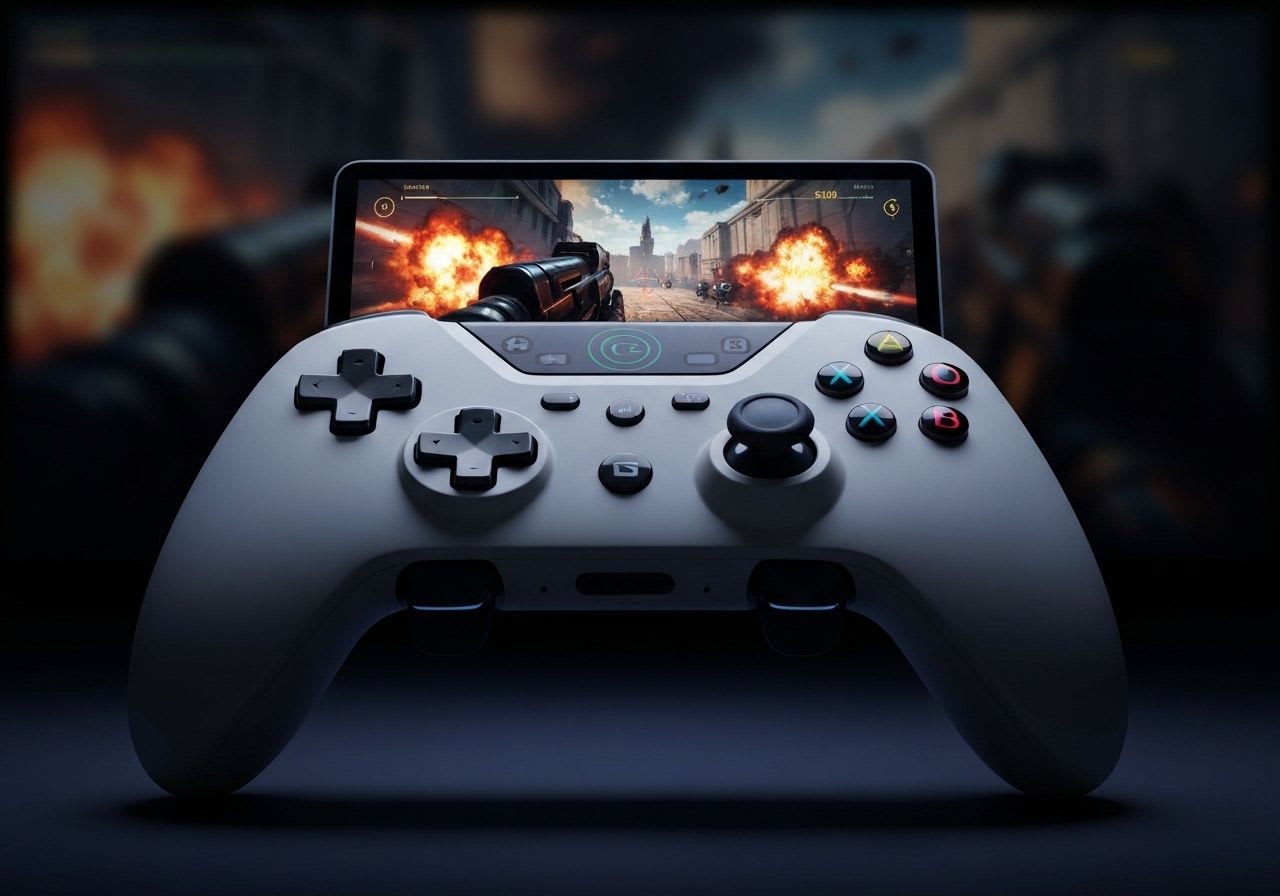 Gaming-Controller vor einem Smart TV mit actionreichem Spiel, der die schnellen Gaming-Funktionen der Smart TV Trends 2026 zeigt.