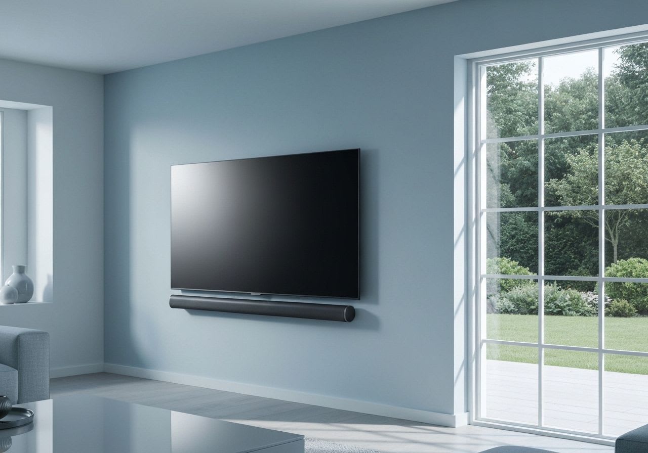 Ultra-dünner Smart TV bündig an der Wand in minimalistischem Wohnzimmer, zeigt Design der Smart TV Trends 2026.