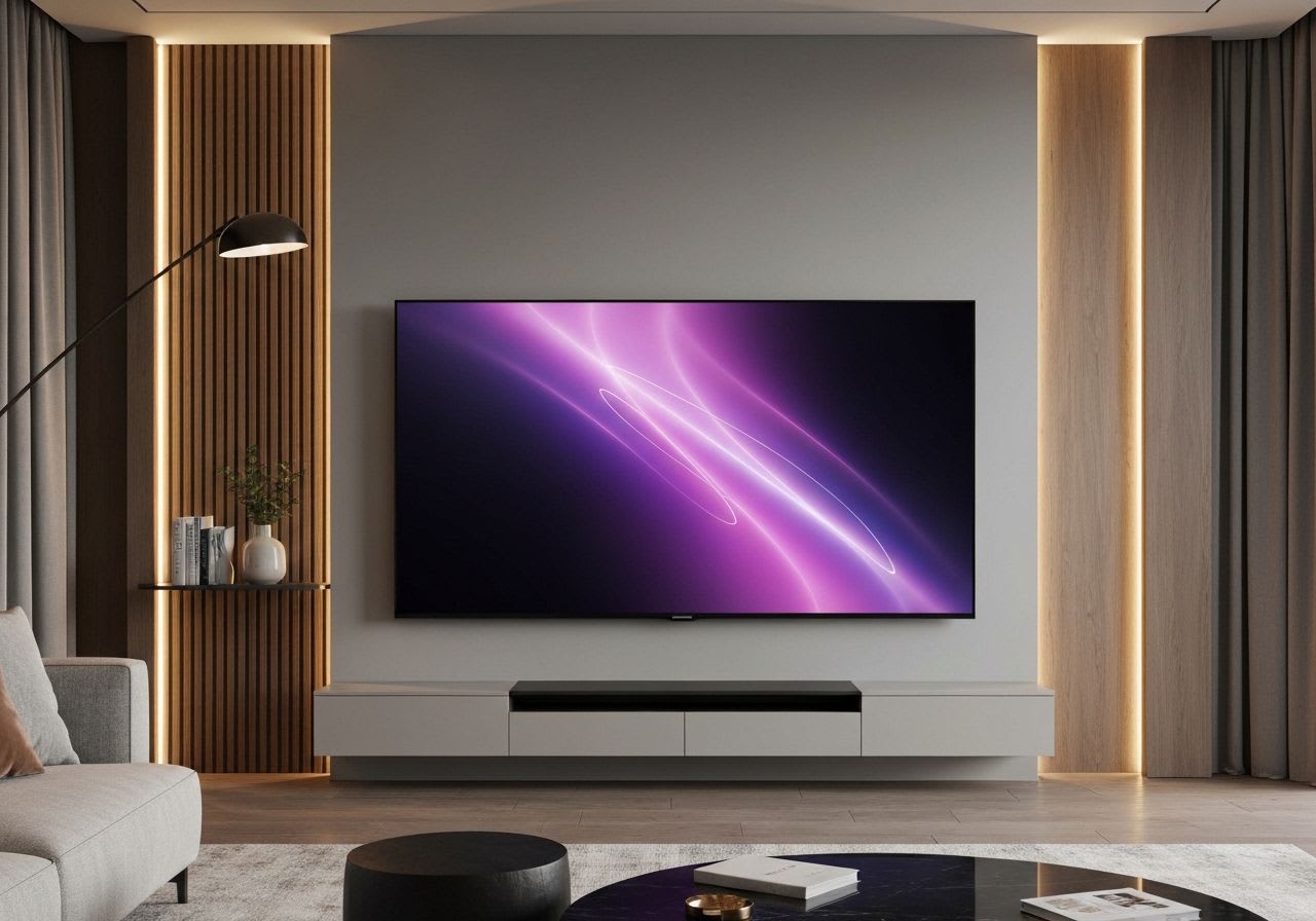 Smart TV nahtlos in Wohnzimmerwand integriert, zeigt Ambient-Modus mit Kunstwerk als Teil der Smart TV Trends 2026.