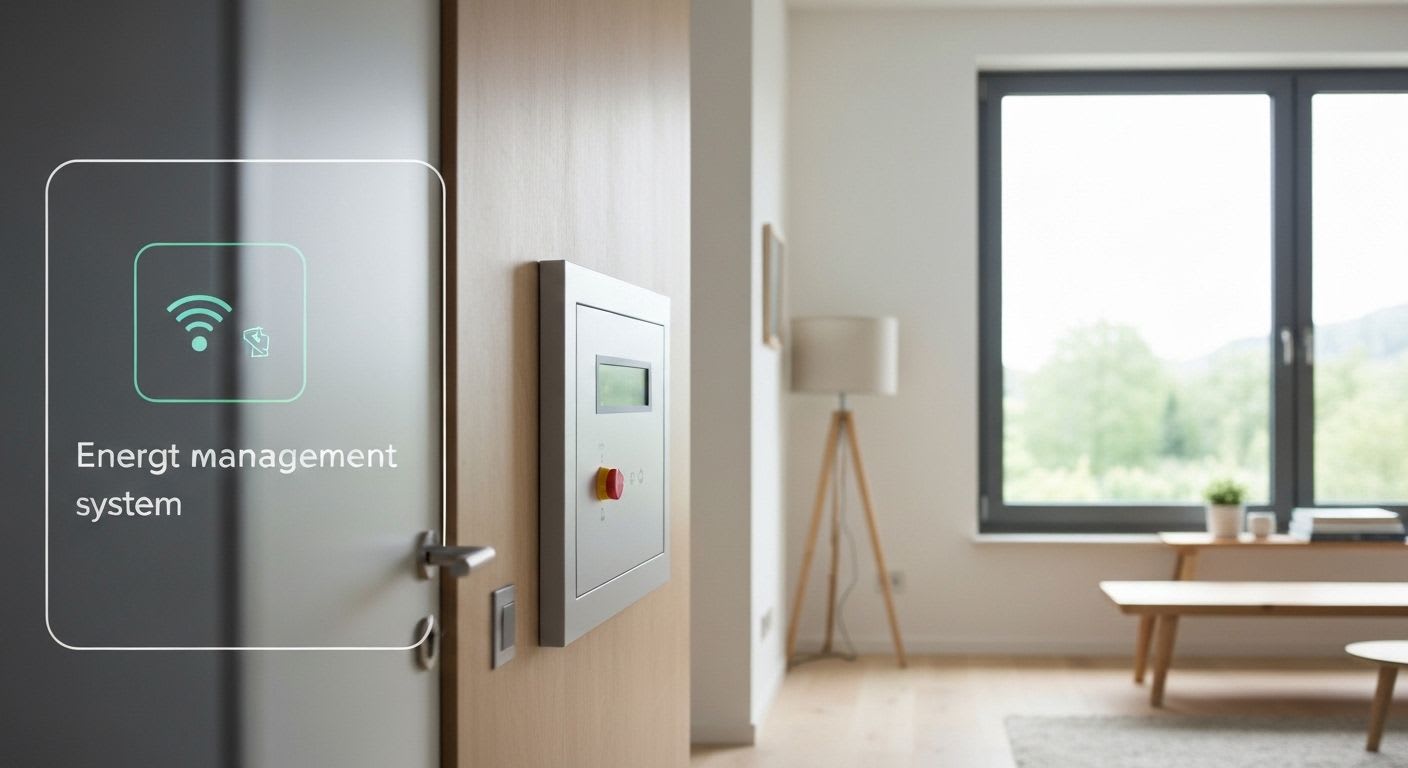 Elektrofachkraft prüft Smart-Home-Systeme auf einem Tablet, im Hintergrund ein modernes Bedienpanel der Elektroanlage.