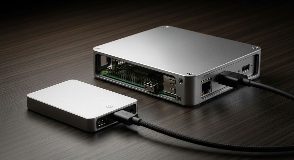 Anleitung, um einen Raspberry Pi als Cloud-Server einzurichten, gezeigt wird ein komplettes Setup in einem modernen Gehäuse.