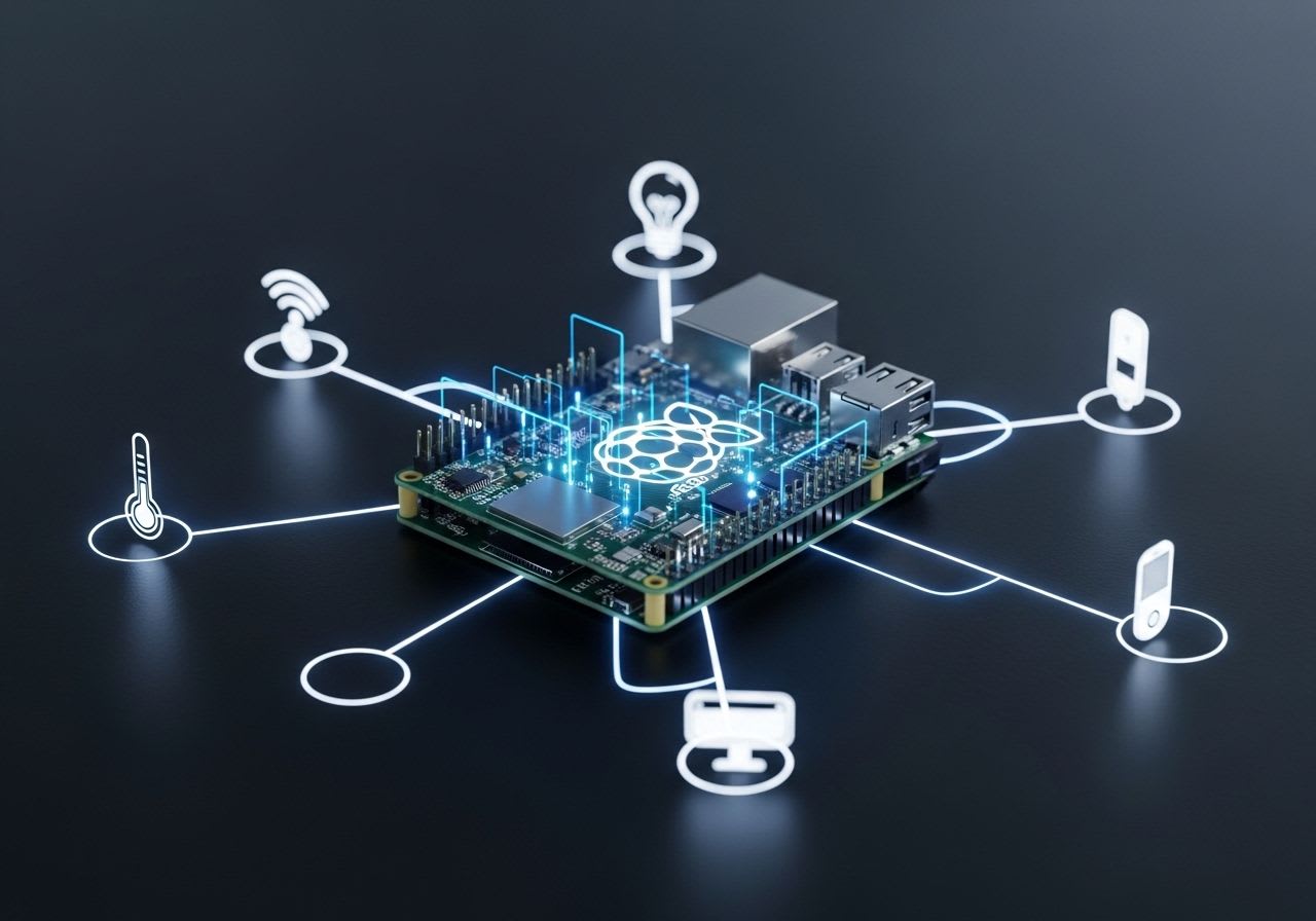 Ein Raspberry Pi als MQTT-Broker im Zentrum eines IoT-Netzwerks, der verschiedene Smart-Home-Geräte für Einsteiger verbindet.