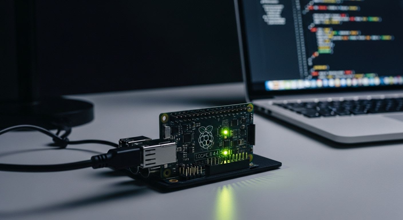 Ein Raspberry Pi als MQTT-Broker für ein lokales IoT-Netzwerk, auf einem Schreibtisch mit leuchtenden LEDs im Betrieb.