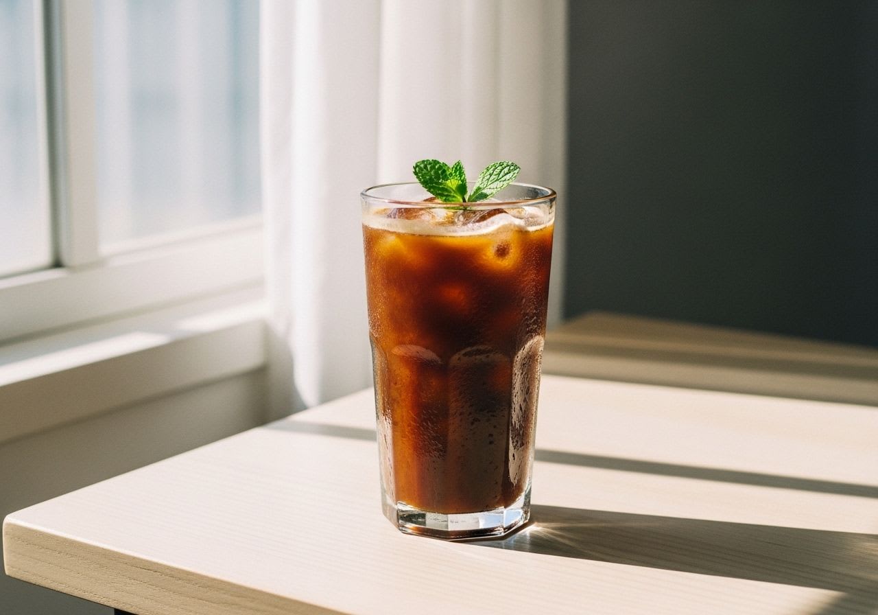 Ein erfrischendes Glas Eiskaffee ohne Zucker, als kalorienarme Erfrischung ohne Reue auf einem hellen Holztisch.