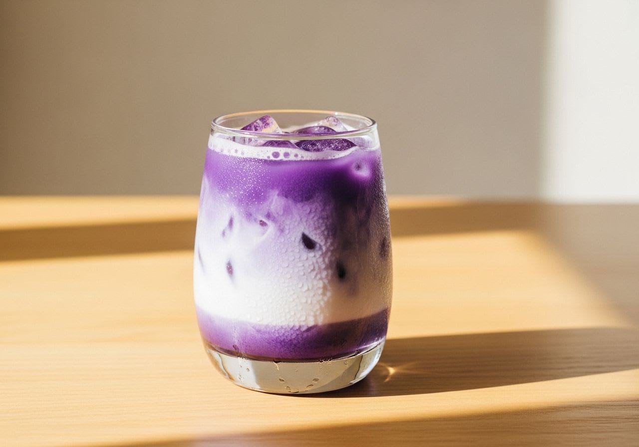 Ein Glas mit erfrischendem Ube Kaffee, das die lila und weiße Schichtung des Trendgetränks auf einem Holztisch zeigt.