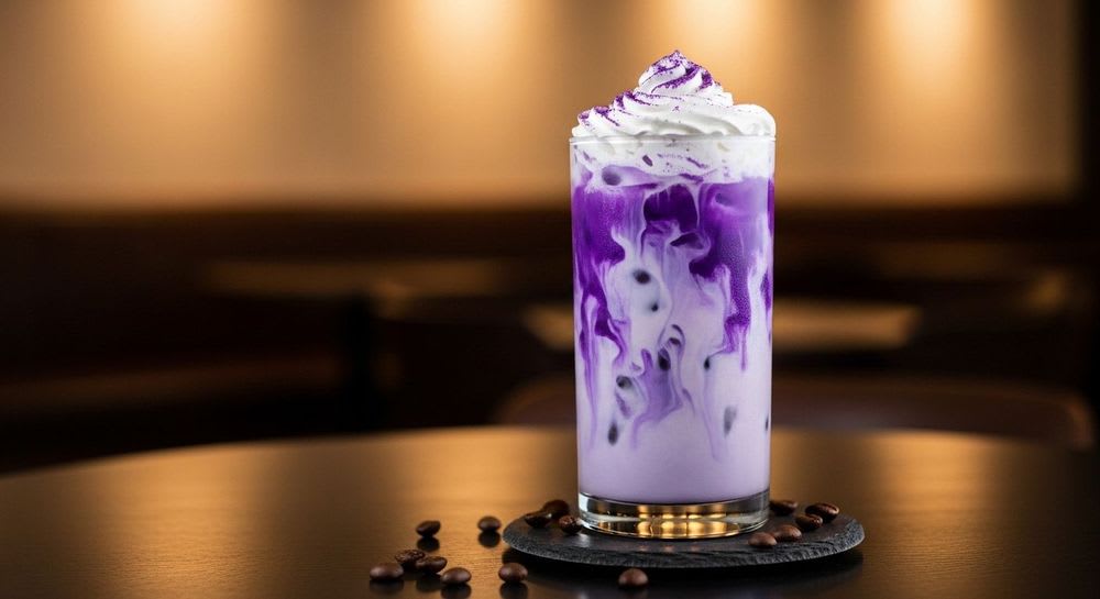 Ein kunstvoll zubereiteter Ube Kaffee in einem hohen Glas, das lila Trendgetränk auf einer Schieferplatte in einem Café.
