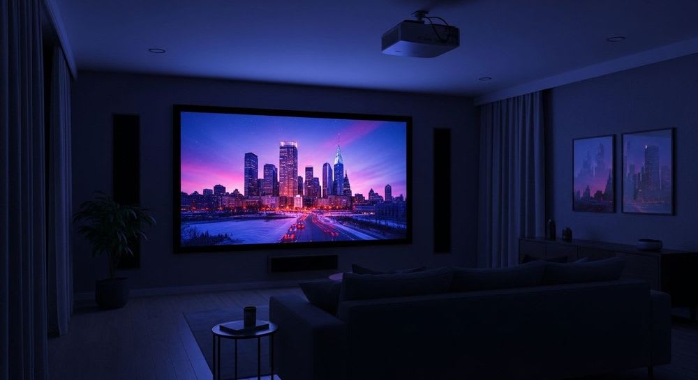 Perfektes Heimkino mit Beamer & Projektoren: Ein großes, leuchtendes 4K-Bild an der Wand eines modernen Wohnzimmers.