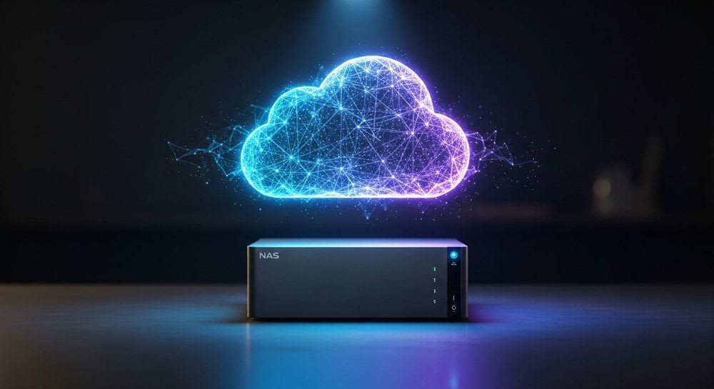 Ein modernes NAS-System als private Cloud-Lösung für 2026, symbolisiert durch eine leuchtende Datenwolke über dem Gerät.