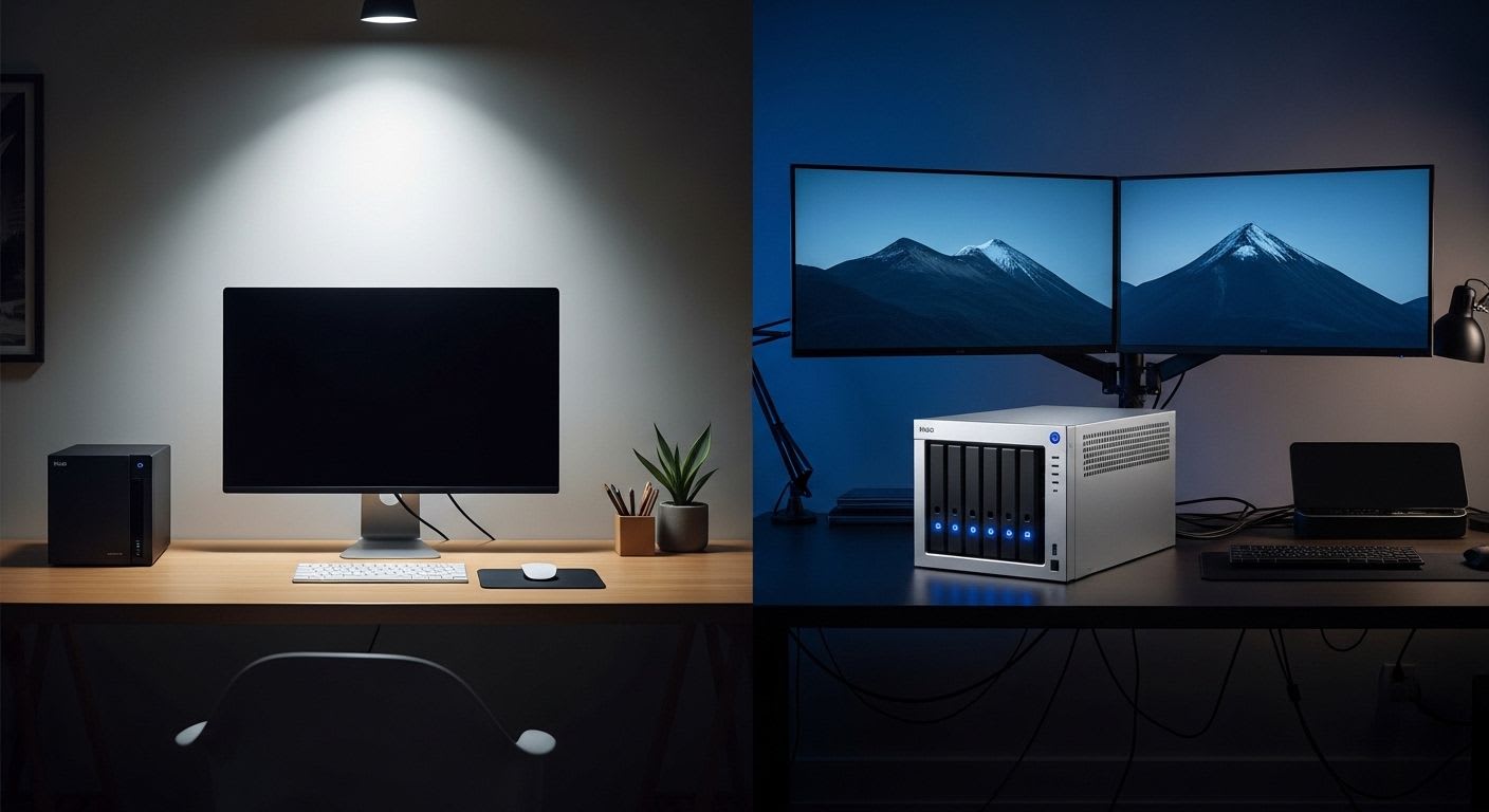 Der Synology vs QNAP Vergleich 2026: Zwei unterschiedliche NAS-Systeme in ihrer jeweiligen idealen Umgebung dargestellt.