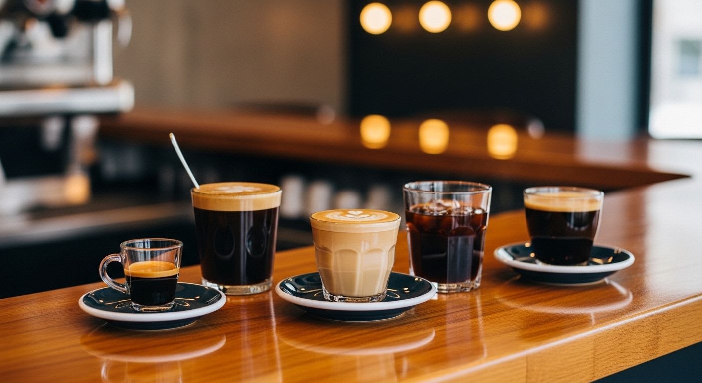 Umfassende Übersicht beliebter Kaffeegetränke und Rezepte, von Espresso bis Latte Art auf einer Theke präsentiert.