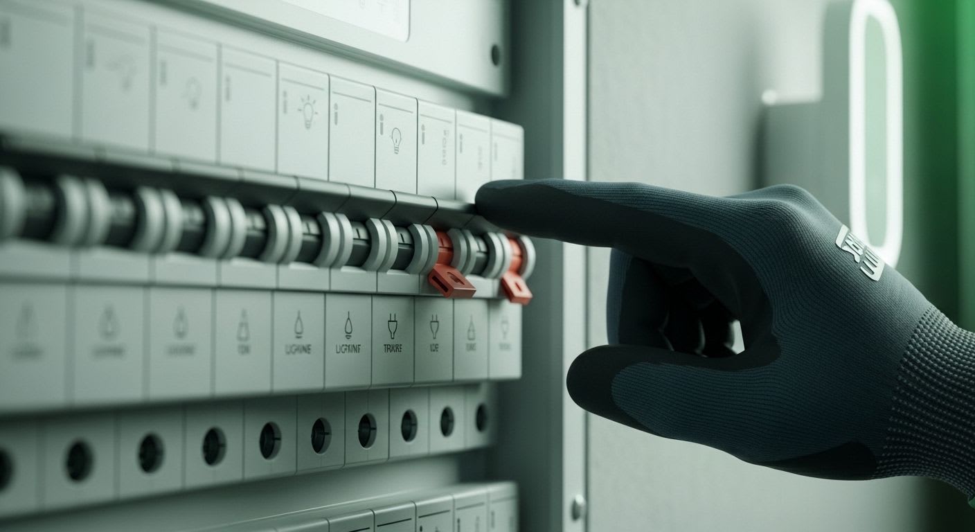 Ein Elektriker schaltet eine Sicherung im Sicherungskasten wieder ein, nachdem eine Fehlerquelle wie Überlastung behoben wurde.