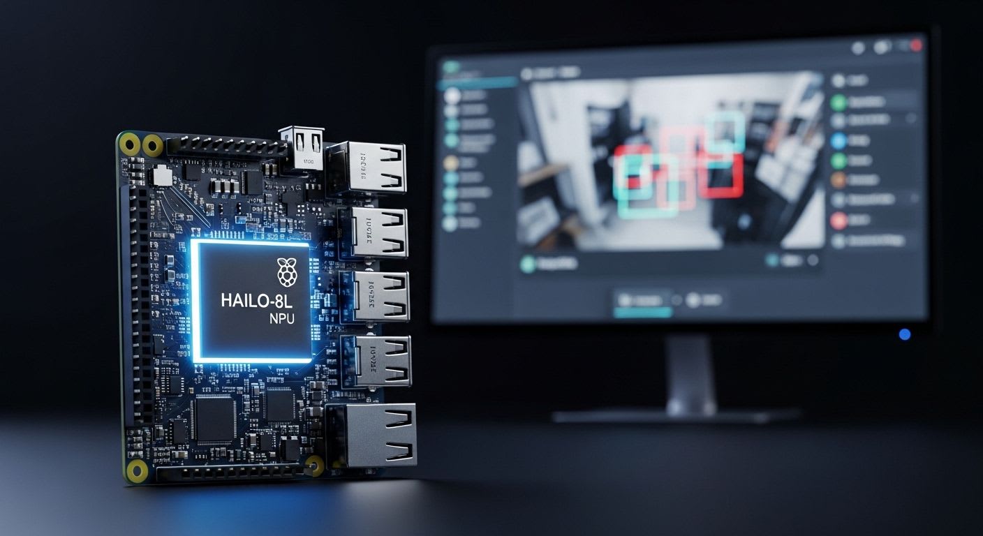 Das Raspberry Pi 5 AI Kit mit Hailo-8L NPU im Einsatz für IoT-Projekte, im Hintergrund ein Monitor mit KI-Objekterkennung.