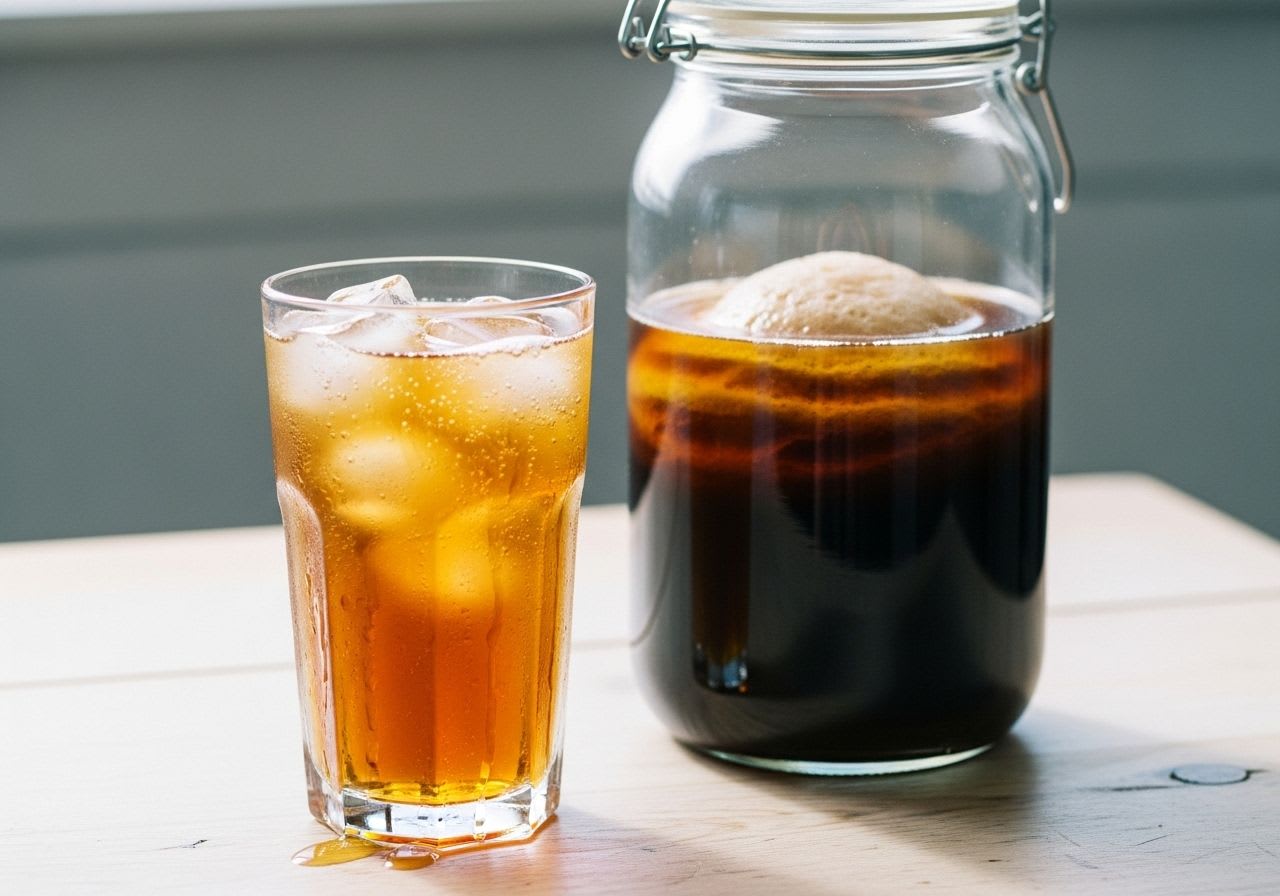 Ein Glas erfrischender Coffbucha, ein fermentierter Kaffee, neben einem Glasgefäß mit einem SCOBY, das die probiotischen Vorteile symbolisiert.