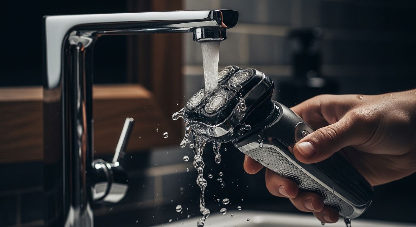 Ein wasserdichter Panasonic Rasierer wird unter fließendem Wasser gereinigt, was die einfache Pflege des Geräts zeigt.