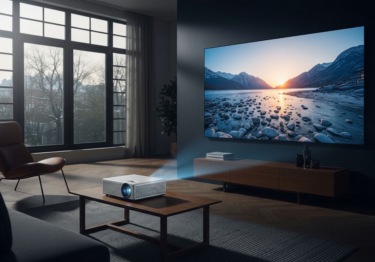 Ein heller Tageslicht Beamer projiziert ein farbenfrohes Bild auf eine Leinwand in einem sonnendurchfluteten Wohnzimmer.