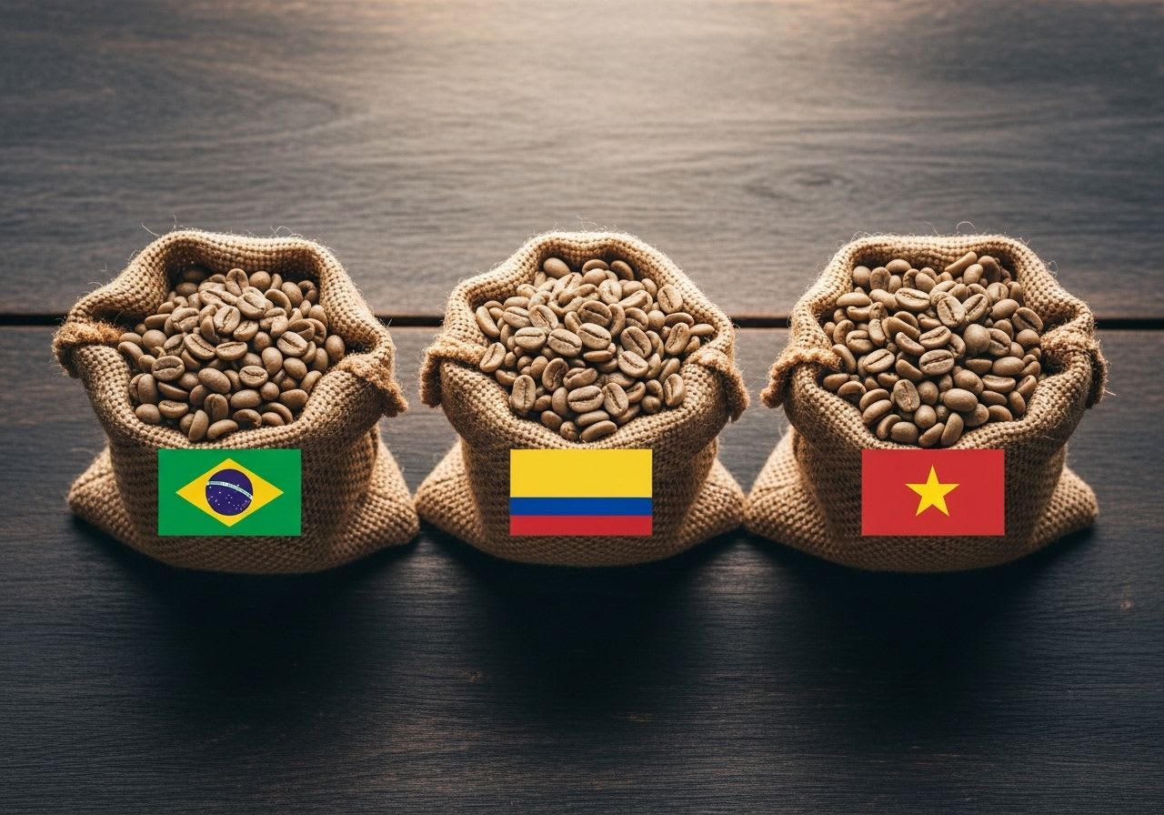Überblick zum Kaffeeanbau: Drei Säcke mit Kaffeebohnen, die für die Anbauländer Kolumbien, Brasilien und Vietnam stehen.