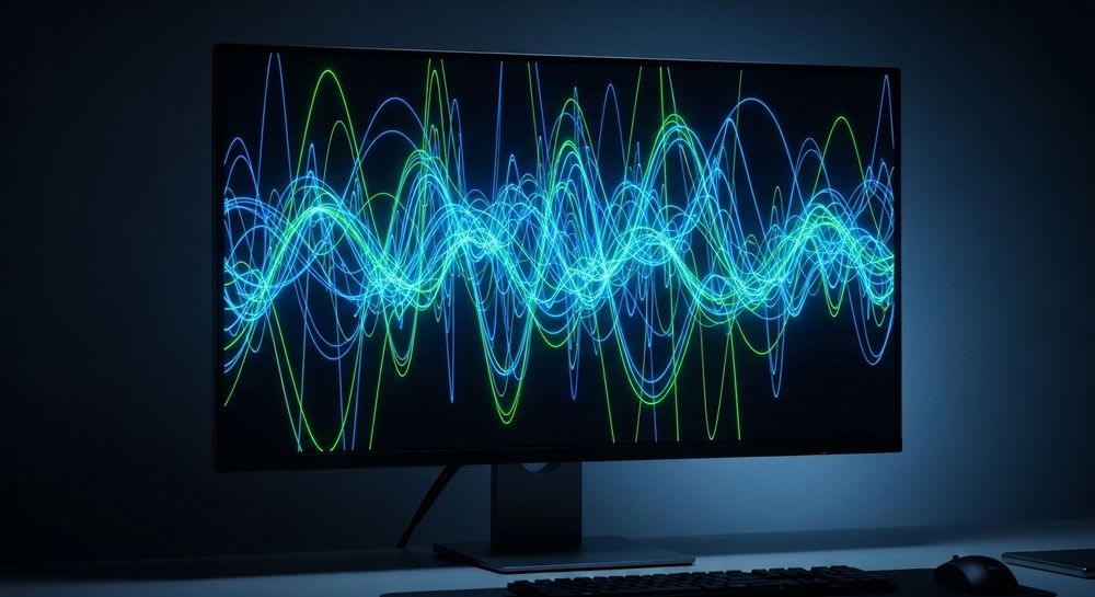 Abstrakte Visualisierung einer Systemdiagnose, um Windows 11 zu reparieren, mit leuchtenden Linien auf einem Monitor.