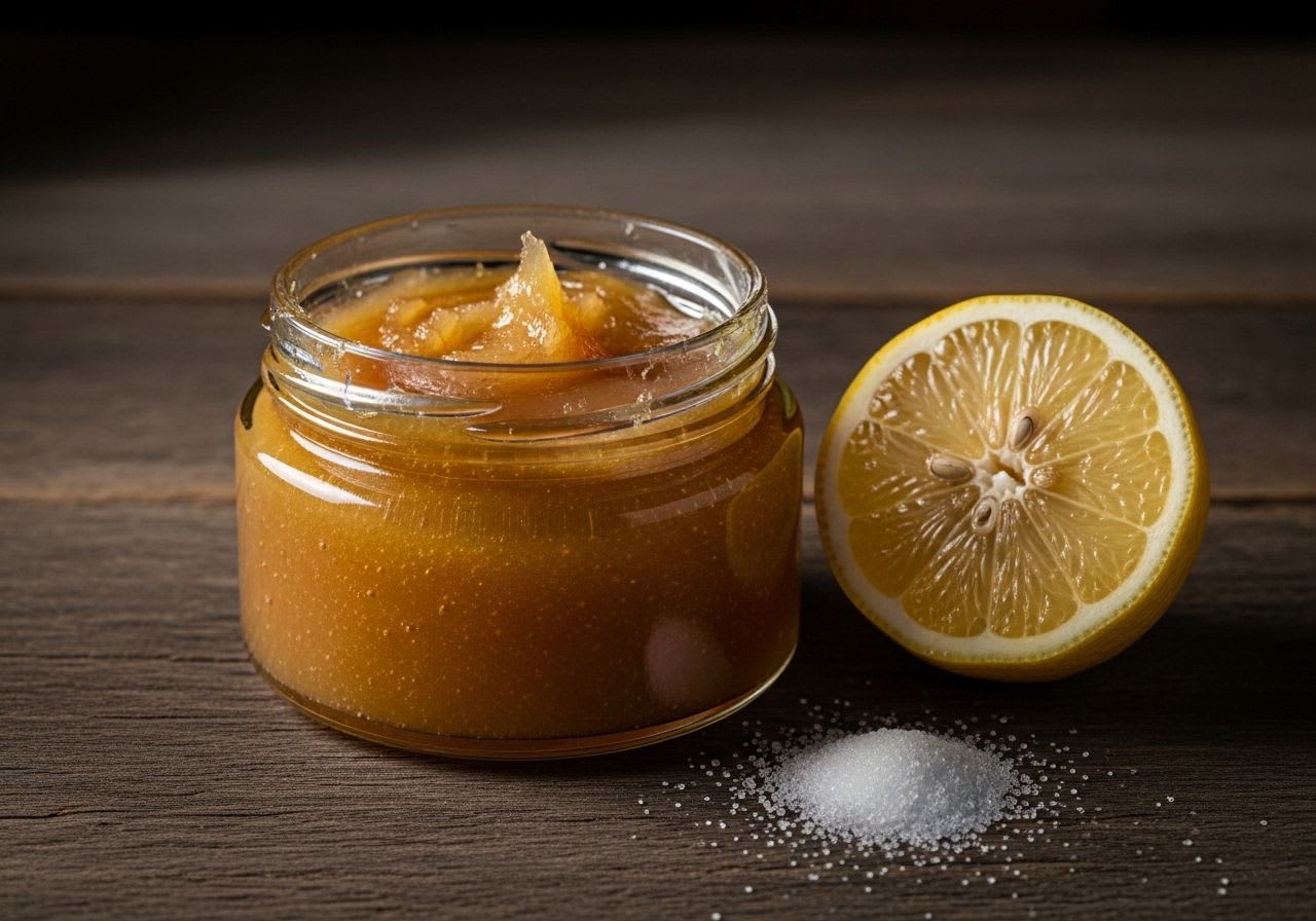 Ein Glas mit fertiger Paste zum Sugaring selber machen, daneben liegen die Zutaten Zucker und eine halbe Zitrone auf einem Holztisch.