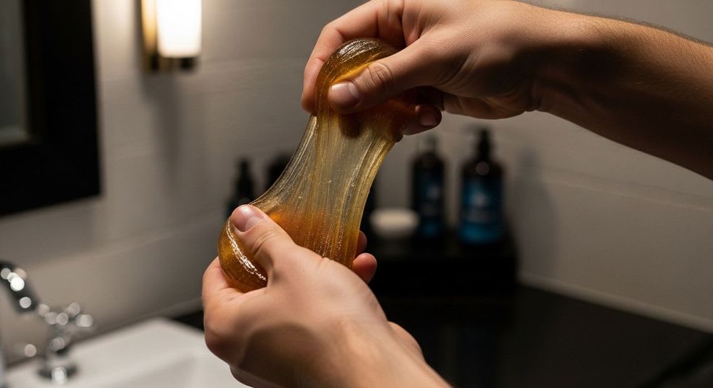 Hände kneten eine Kugel goldener Zuckerpaste, um die richtige Konsistenz für das Sugaring selber machen zu erreichen.