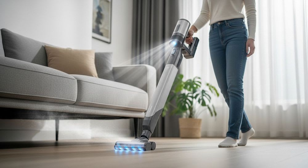 Ein kabelloser Akku-Staubsauger reinigt mühelos unter einem Sofa und zeigt seine Flexibilität für schwer erreichbare Stellen.