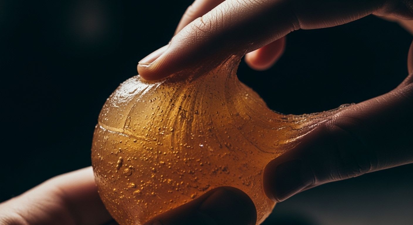 Nahaufnahme einer Kugel Zuckerpaste, die zwischen Fingern geknetet wird, um die Technik für das Sugaring selber machen zu zeigen.