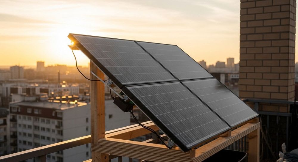 Ein Balkonkraftwerk mit einer robusten, selbst gebauten Halterung, die das Solarmodul optimal zur Sonne ausrichtet.