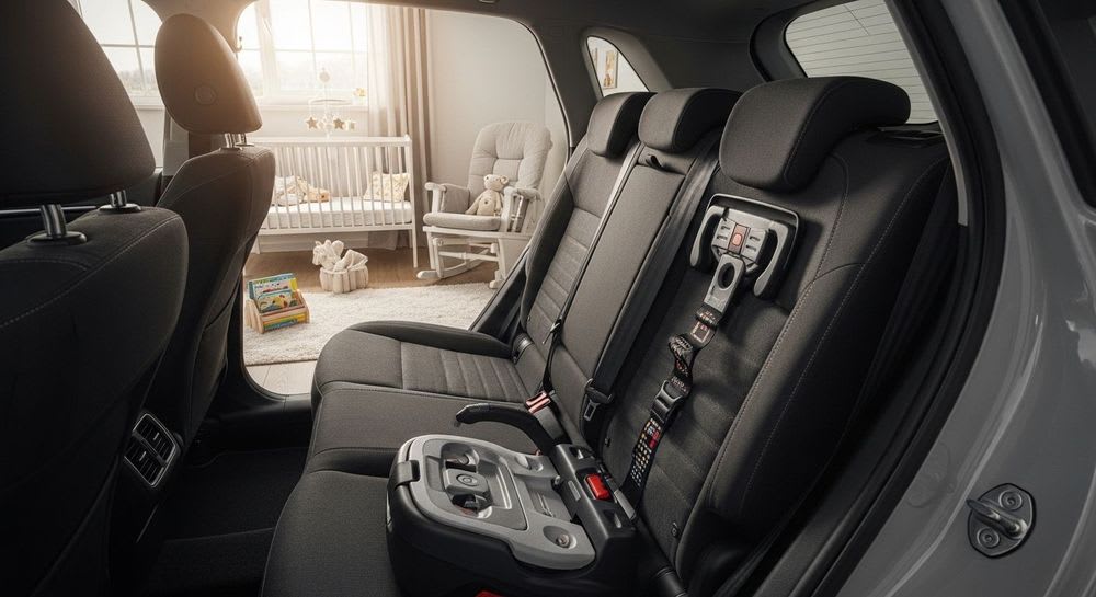 Leere Rücksitzbank eines Autos, die zeigt, wie man die Halterungen für Isofix im Auto erkennen kann.