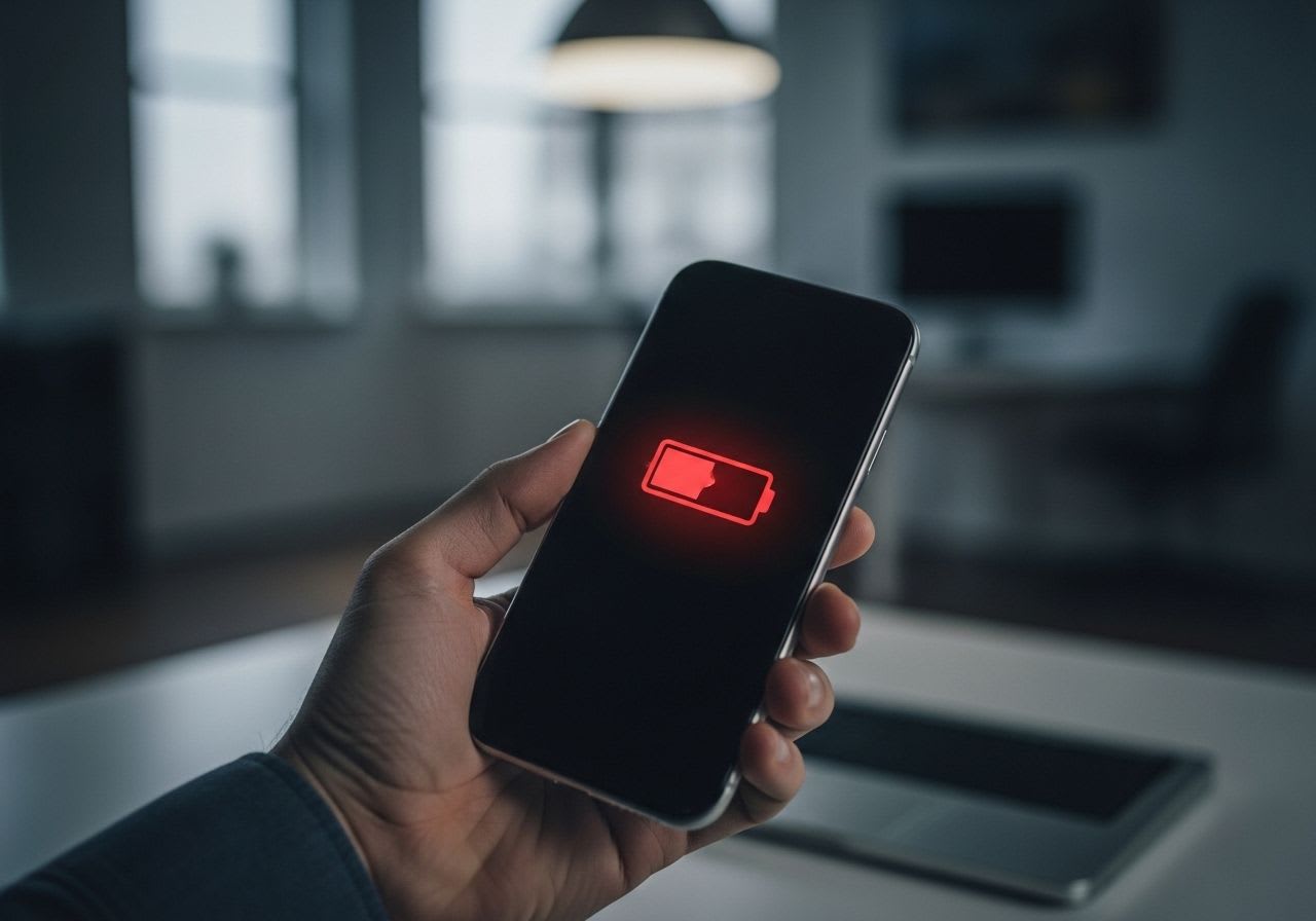 Ein iPhone in der Hand mit rotem Akkusymbol, das verdeutlicht, warum der iPhone Akku schnell leer ist und welche Ursachen es gibt.